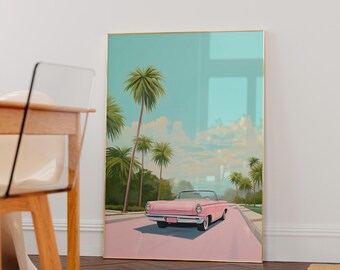 1970s Vintage Pastel Beach Art Print, Pink Convertible Car & Palm