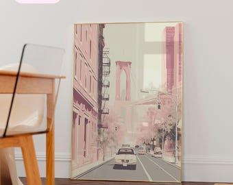New york art, Pink New york travel poster, new york painting streets, new york painting with frame, NYC print, Housewarming gift