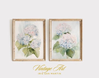 Modern Watercolor Minimalist Art, Coastal Wall Decor, Hamptons Hydrangea Set of 2 Prints, Botanical Artwork, Large Fine Art Poster