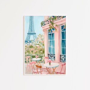 May include: A painting of a Parisian cafe with pink walls and pink chairs and tables on a balcony. The Eiffel Tower is visible in the background.