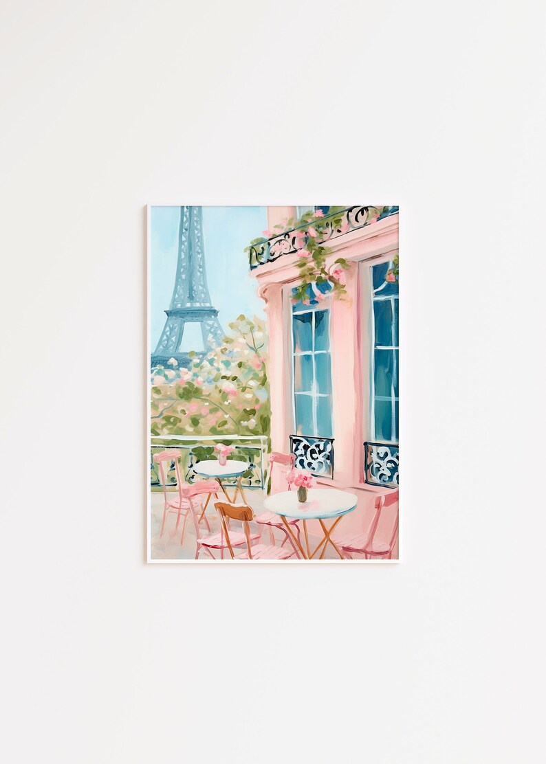 May include: A painting of a Parisian cafe with pink walls and pink chairs and tables on a balcony. The Eiffel Tower is visible in the background.