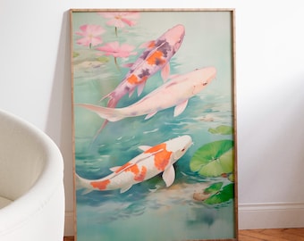 Koi Fish Pond Art Print, Vintage Japanese Watercolor Wall Decor, koi fish art, koi pond print, Japanese watercolor poster