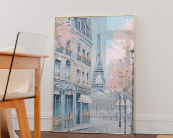 Paris gatubutiker tryck blågrå, Paris väggkonsttryck, Paris rumsdekor, Modernt silverfärgat Paristryck, Stadsmålning