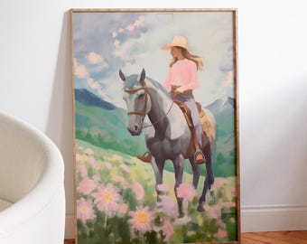 Cowgirl Art Print, Texas Wildflowers Wall Art, Mountain Horses Poster, Mid-Century Modern Western Decor