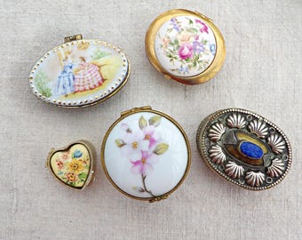 Vintage Enamel Pill Boxes , Ceramic Floral , hearts, Jewelled Tablet Cases, Trinket Boxes