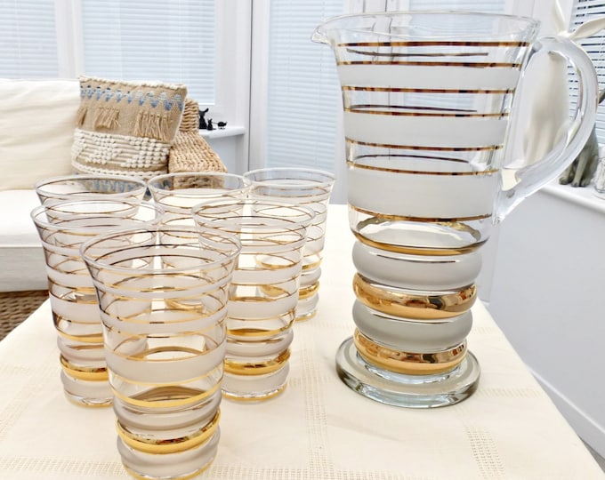 Vintage Glass Water Jug and Glasses Set Gold Decorated Antique Glassware 1950s Striped Glass