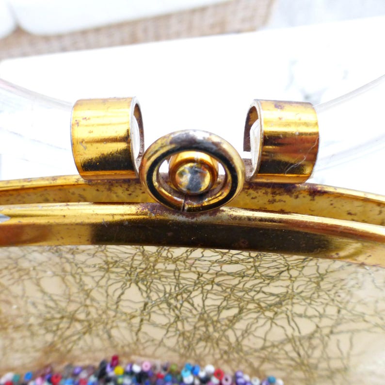 Vintage Lucite Purse Antique Handbag Retro Evening Clutch Clear Acrylic Boxy Frame Rigid 1950s Box Bag Floral Embroidered Beaded Gold image 8