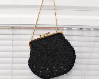 Bolso de noche vintage con cuentas negras: bolso floral de los años 60