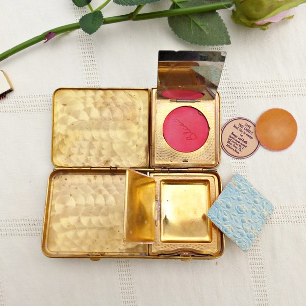 Vintage Art Deco Guilloche Minaudière  | 24k Gold Plated Powder and Rouge Compact | Bliss and Co Compact & Comb Set | Roses