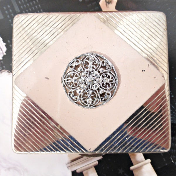 1930s Square Compact | Art Deco Compact | Pink Marcasite Ladies compact mirror |