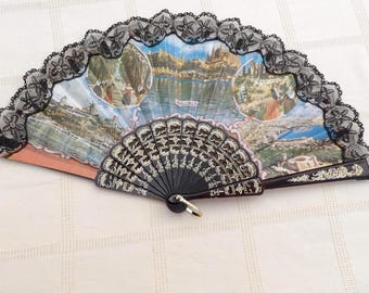 Vintage Spanish Ladies Hand Fan - 1970's scenes of Spain Lace Fan