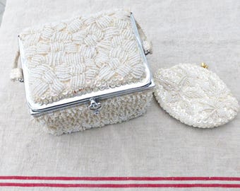 Bolso Le Soir con lentejuelas y cuentas, años 50: bolso de noche vintage con perlas y monedero.