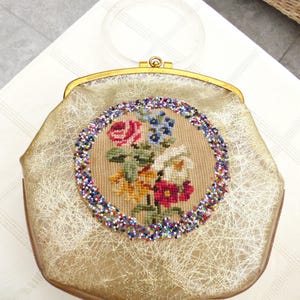 Vintage Lucite Purse Antique Handbag Retro Evening Clutch Clear Acrylic Boxy Frame Rigid 1950s Box Bag Floral Embroidered Beaded Gold image 6