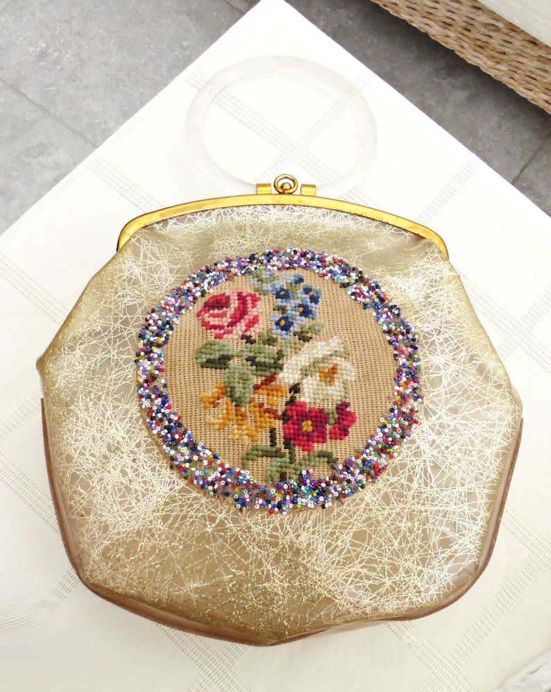 Vintage Lucite Purse Antique Handbag Retro Evening Clutch Clear Acrylic Boxy Frame Rigid 1950s Box Bag Floral Embroidered Beaded Gold image 6