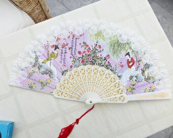 Vintage Chinese Fan | Lace Folding Fan | 1960's Oriental Geisha Fan | Ladies Hand Fan |