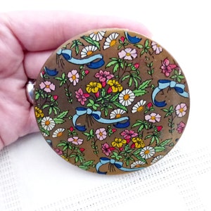 Vintage Round Floral Compact | Large Flat Flowers Compact | Ribbons and Flowers Compact |