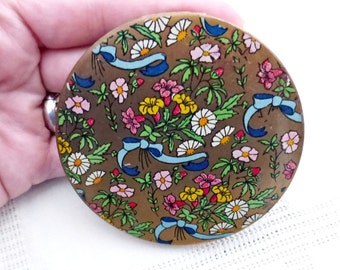 Vintage Round Floral Compact | Large Flat Flowers Compact | Ribbons and Flowers Compact |