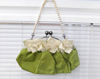 Vintage Satin Handbag | Green Satin and Flowers Handbag | Pearl Handle | Ladies Accessories |