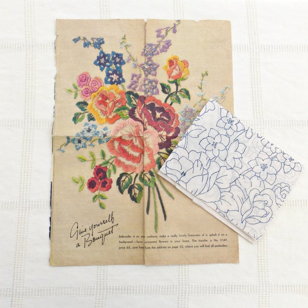 Vintage Embroidery Transfer Floral | Large Iron On Embroidery Pattern | Firescreen | Blue Pattern | 1950s Haberdashery |