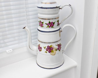 Vintage Franse koffiepot jaren 30 | Percolator met grote kookplaat | Geëmailleerde koffiekan |