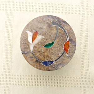 Vintage Soapstone Trinket Box: Mother of Pearl Inlay, Floral Design