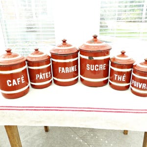 Vintage French Enamel Storage Jars | Coffee Tea Sugar Pasta Flour Pepper Cannisters | Metal Kitchen Jars |