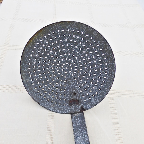 Vintage French Enamel Sieve | Grey Marbled Skimmer Spoon | Antique Kitchenalia | Farmhouse Kitchen | Shabby Chic Decor | Retro Enamelware