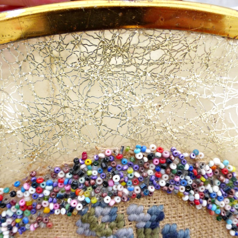 Vintage Lucite Purse Antique Handbag Retro Evening Clutch Clear Acrylic Boxy Frame Rigid 1950s Box Bag Floral Embroidered Beaded Gold image 7