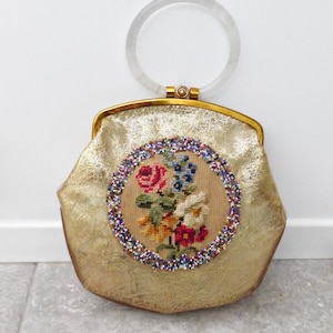Vintage Lucite Purse Authentic 1950s Handbag Collectible Fifties Style Clear Acrylic Boxy Frame Rigid Box Structure Hoop Handle Design Floral Embroidered Pattern Beaded Gold Diagonal Lines Retro Evening Clutch Statement Piece Midcentury
