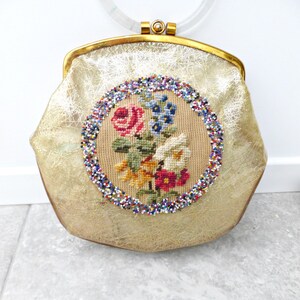 Clear Acrylic Purse Vintage Lucite Handbag 1950s Box Bag Boxy Frame Rigid Structure Transparent Construction Gold Diagonal Pattern Floral Embroidered Beaded Design Hoop Handle Retro Evening Clutch Authentic Midcentury Collectible Fifties