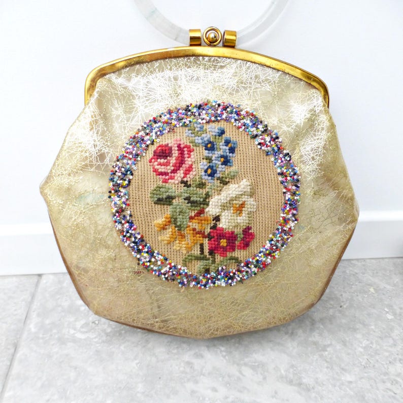Clear Acrylic Purse Vintage Lucite Handbag 1950s Box Bag Boxy Frame Rigid Structure Transparent Construction Gold Diagonal Pattern Floral Embroidered Beaded Design Hoop Handle Retro Evening Clutch Authentic Midcentury Collectible Fifties