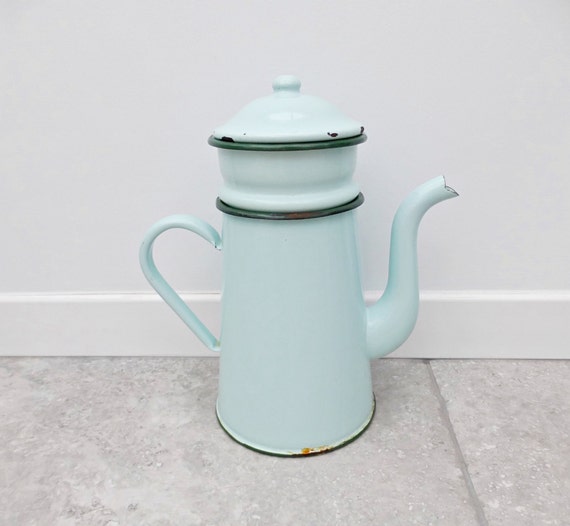 1950s French Enamel Stove Top Coffee Pot Blue Coffee Percolator Blue Rustic  Coffee Biggin French Country Cafetiere 