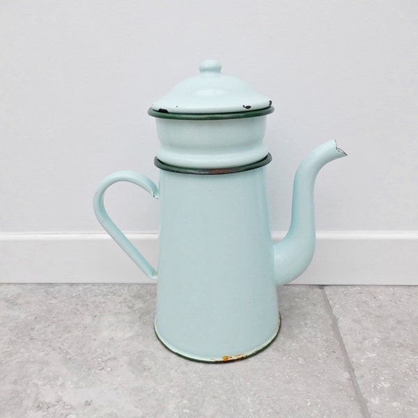 French Enamel Coffee Pot | French Enamel Stove Top Pot | Blue Coffee Percolator | Blue Rustic Coffee Biggin | French Country Cafetiere |