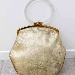 Statement Piece Vintage Purse 1950s Lucite Handbag Clear Acrylic Construction Boxy Frame Rigid Structure Hoop Handle Design Gold Diagonal Pattern Floral Embroidered Beaded Details Retro Evening Clutch Authentic Midcentury Collectible