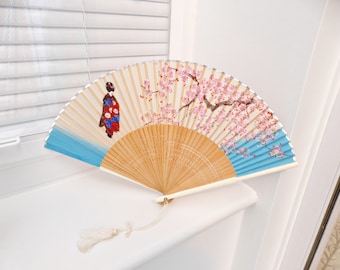 1960s Japanese Folding Fan - Oriental Girl Vintage Floral Paper Hand Fan