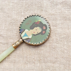 Vintage Oriental Hand Mirror | Chinese Cloisonné Enamel Mirror | Chinese Mirror with Jade Handle | Chinese Flowers |