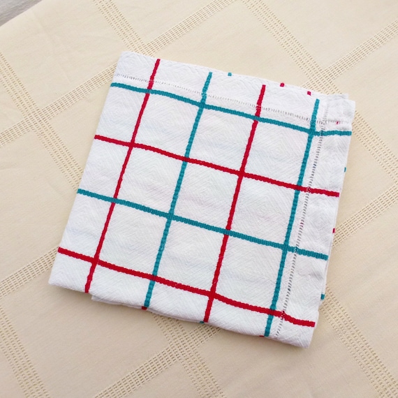 Vintage französische Geschirrtücher - Rot & Aqua karierte Baumwolle Torchons