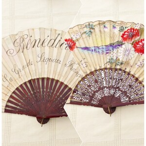 Leque de propaganda beneditino antigo | Leque floral japonês pintado à mão | Leque dobrável de dois lados |