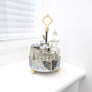 Edwardian Glass Cruet Set – Silver Plated Tray with Salt, Pepper, Mustard & Vinegar Jars