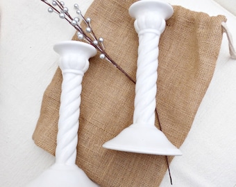 White Barley Twist Candlesticks | Twisted Stem Candleholders | White Spiral Candle Holders |