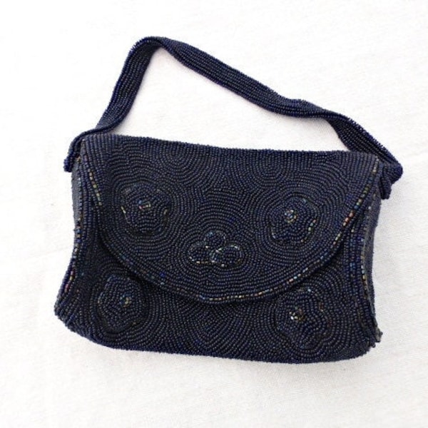 Vintage Dark Blue Evening Bag | 1940s Beaded Handbag | Elegant Evening Wear | Navy Wrist Purse |