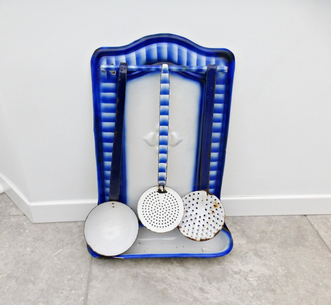 Vintage French Enamel Utensil Rack Antique Kitchen Ladle Sieve Spoon