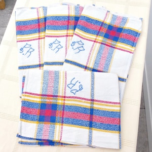 4 x Vintage French Napkins | Monogrammed Linen | Red Blue and White French Torchon | Country Serviette | Vintage Textiles | Farmhouse linen