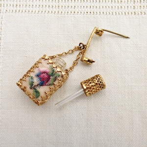 Vintage Petit Point Perfume Bottle Brooch: 1930s Embroidered Scent Jewelry
