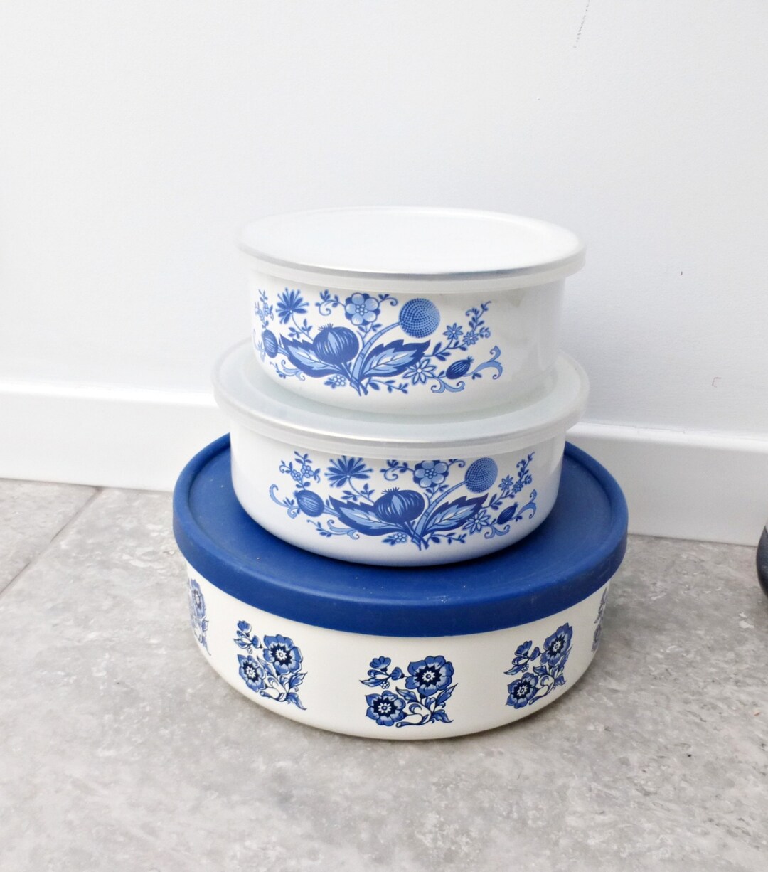 3 X Vintage Metal Blue and White Storage Tins 1970s Kitchen Cannisters