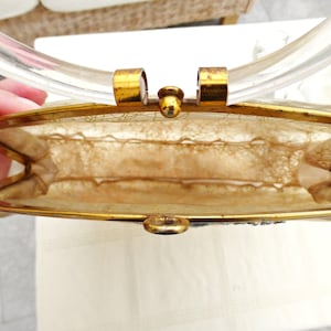 Boxy Frame Purse Vintage Lucite Construction 1950s Handbag Rigid Box Structure Clear Acrylic Design Hoop Handle Statement Piece Gold Diagonal Lines Floral Embroidered Beaded Pattern Retro Evening Clutch Authentic Midcentury Collectible