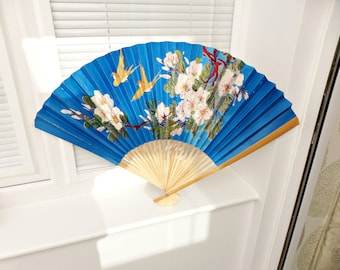 Large Oriental Folding Fan | Blue Birds and Flowers | Beautiful Colours Scenery | Great Wall Art Home Decor