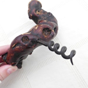 French Vintage Grape Vine Corkscrew: Rustic Wood Bar Decor