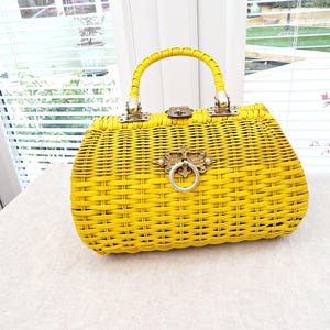 Vintage Yellow Raffia Wicker Handbag: Sarne Box Bag with Circle Handles