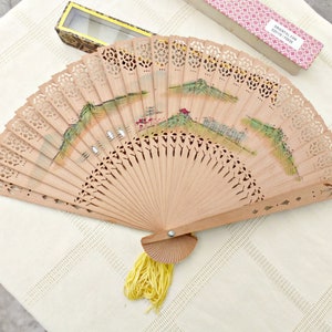 Antique Hand-Painted Brise Fan: Oriental Mountain Scene, Pierced Wood